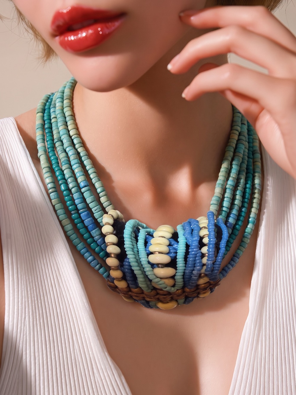 Blue Multi-Strand Beaded Necklace & Stretch Bracelet - Like New